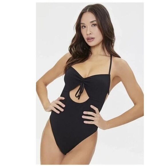 💥Forever 21 Halter Cutout One Piece Black Swimsuit - Picture 1 of 11